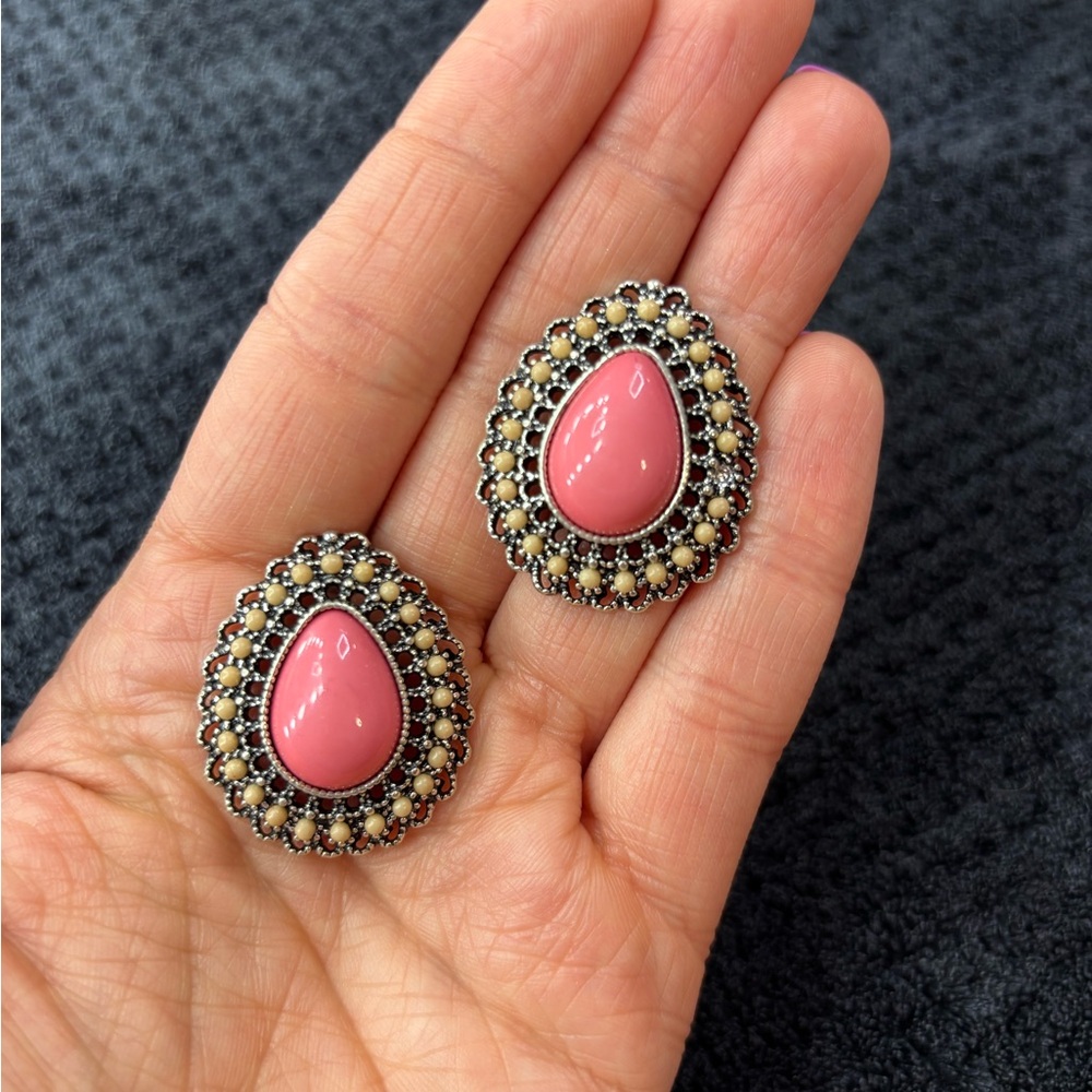 Coral and Tan Stud Earrings